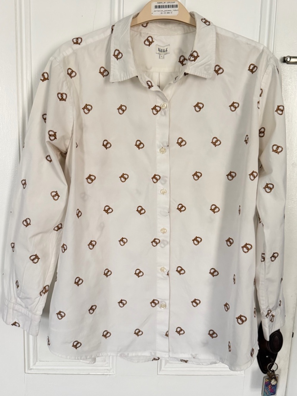 KULE The Hutton Oversized Button Down Shirt Pretzel Embroidered White Large